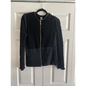 Sita Couture Mixed Media Smocked Zip Jacket Womens Size M Black Boho Jute Cotton